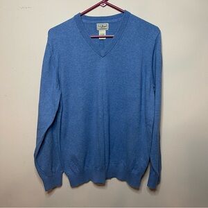 LL Bean Sweater Mens Large Blue 95% Cotton 5% Cashmere Blend V Neck Pullover